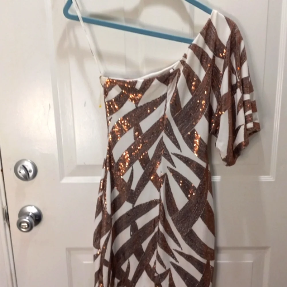 B Darlin Copper Small Sequined, Off The Shoulder Mini Dress Size 1/2